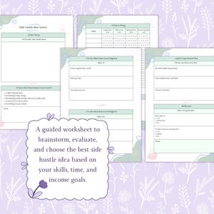 May include: A collection of worksheets titled "Side Hustle Idea Sorter" with a floral background. The worksheets guide users to brainstorm, evaluate, and choose the best side hustle idea based on skills, time, and income goals. The text is in a white font.