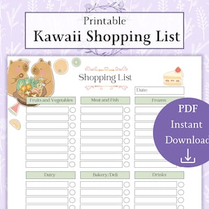 Kawaii Einkaufsliste Printable PDF | Lebensmittel Liste | Einkaufsliste | Lebensmittel Wunschliste | Kawaii Niedlich