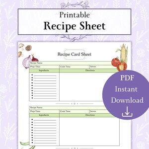 May include: Printable recipe card sheet with two blank recipe cards. Each card has sections for recipe name, prep time, cook time, ingredients, serves, and directions. The cards are decorated with watercolor illustrations of vegetables and mushrooms.