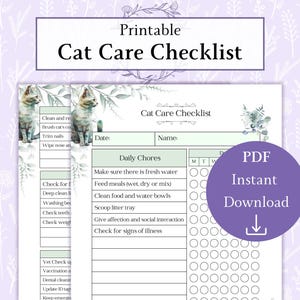 May include: Printable cat care checklist featuring a green and white floral design. The checklist includes daily chores, such as feeding, cleaning, and scooping the litter tray, as well as weekly tasks, such as vet check-ups and dental cleaning. There is a section for recording daily activities with tick boxes for each day of the week.