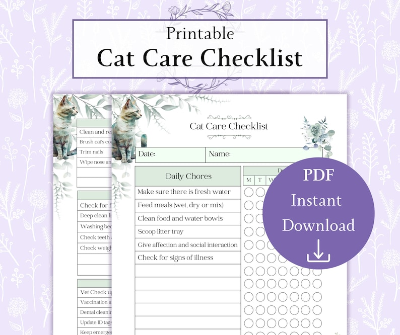 Cat Care Checklist Printable PDF | New Kitten Checklist | Pet Sitter ...