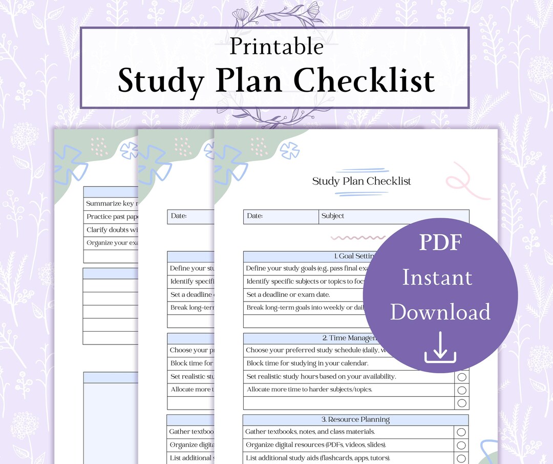 Study Plan Checklist Printable PDF, Student Planner PDF, Exam Study ...