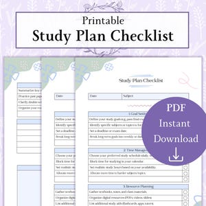 Puede incluir: Lista de verificación imprimible del plan de estudio con un diseño floral lila claro. La lista de verificación incluye secciones para establecer objetivos, administrar el tiempo y planificar recursos. También es visible el texto "Descarga instantánea PDF".
