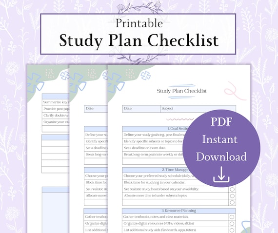 Study Plan Checklist Printable PDF, Student Planner PDF, Exam Study Schedule, Study Routine Tracker, Study Goals Checklist