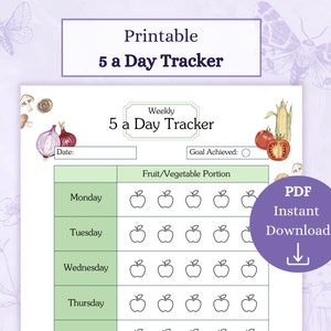 Afdrukbare pdf Five A Day-tracker | Voedingswaardetabel | Wellnessdagboek | Gezond eten-tracker | Voedingsplanner
