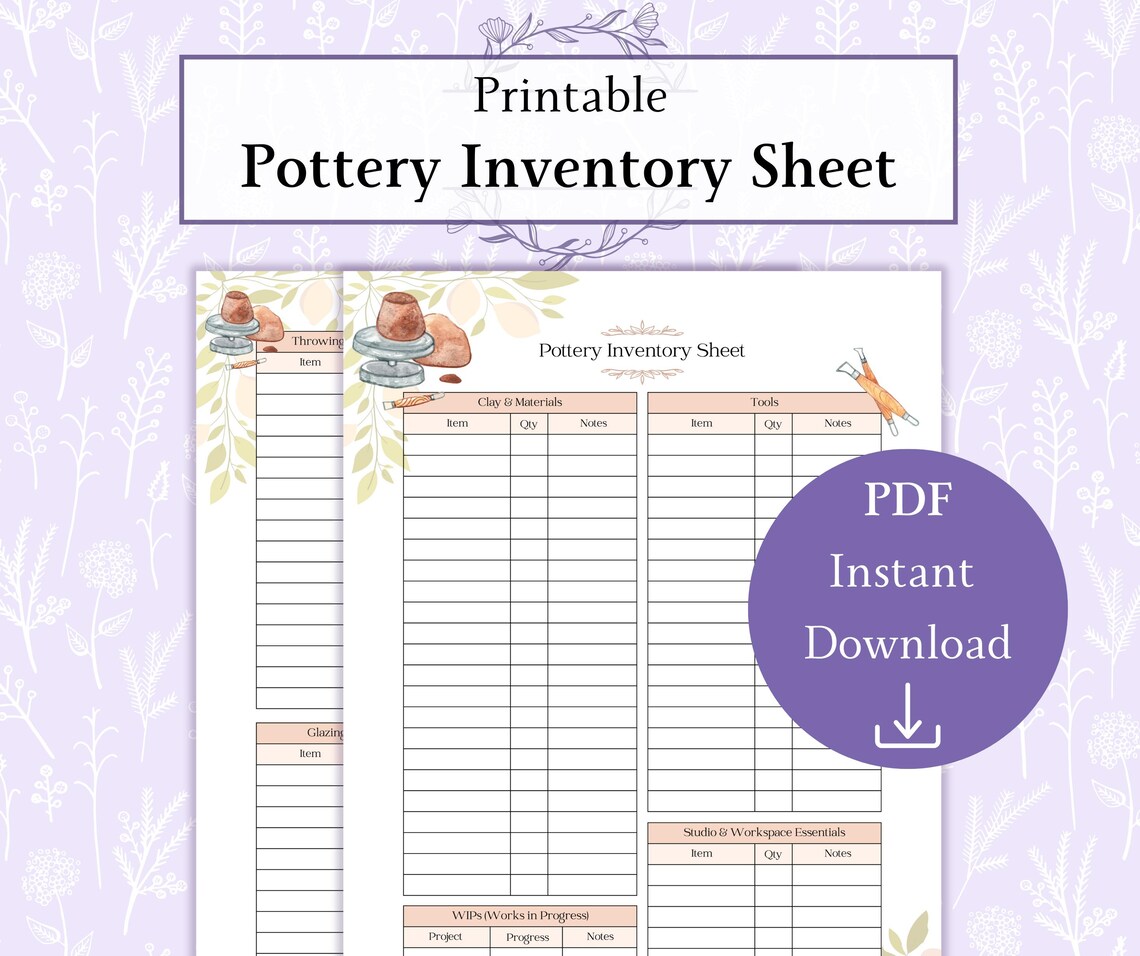 Pottery Inventory Sheet Printable PDF, Ceramic Studio Inventory Tracker, Handmade Pottery Log ...