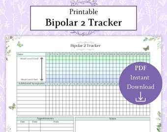 Bipolar 2 Tracker Printable PDF | Symptom Tracker | Mood Tracker | Bipolar Disorder | Wellness Journal | Mood Log