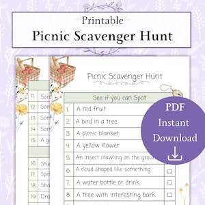 Picnic Scavenger Hunt Printable PDF | Outdoor Scavenger Hunt | Kids Picnic Game | Summer Scavenger Hunt | Family Picnic Activity