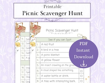 Afdrukbare pdf picknickspeurtocht | Speurtocht buiten | Picknickspel voor kinderen | Zomerspeurtocht | Familiepicknickactiviteit