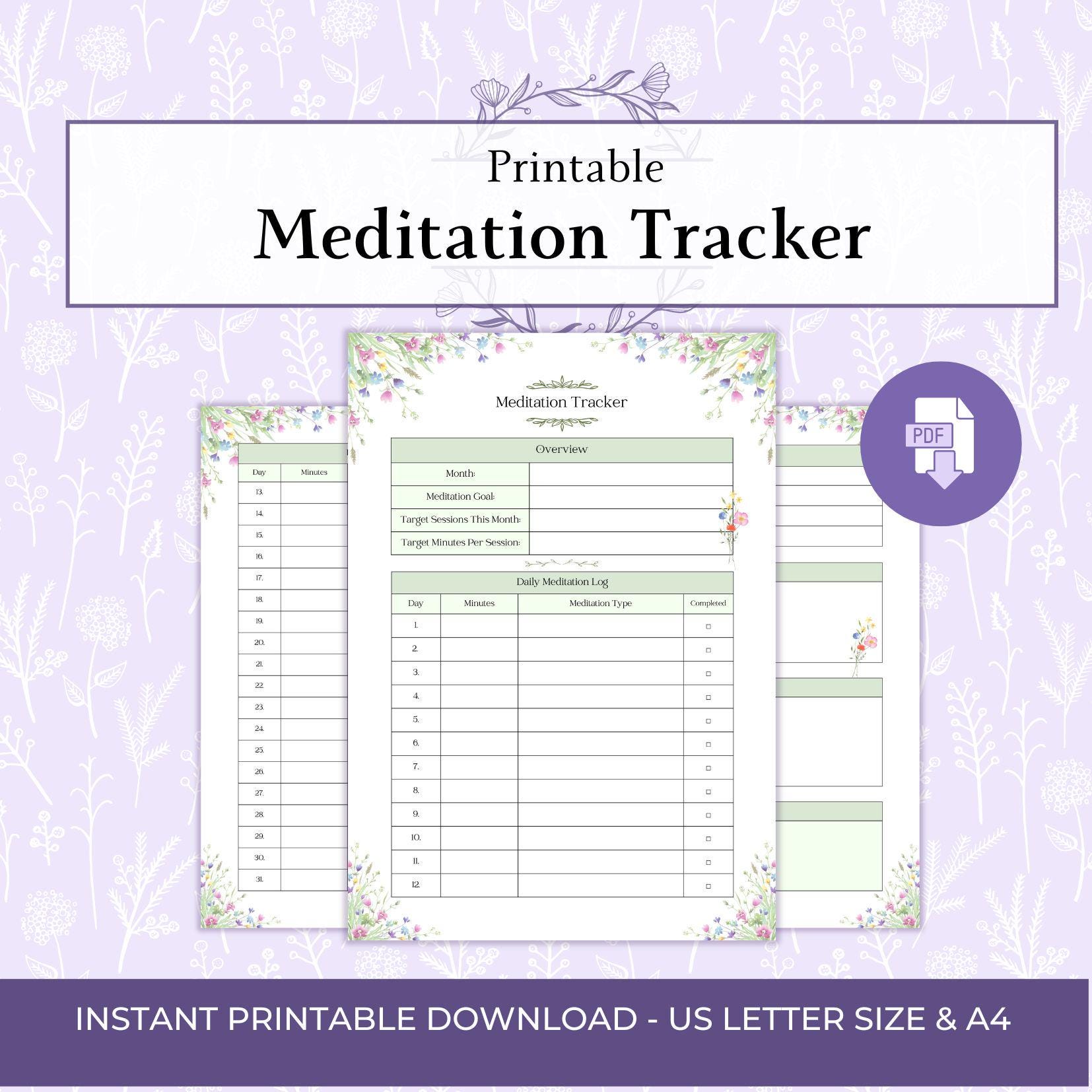 Meditation Tracker Printable PDF, Mindfulness Tracker, Meditation Journal, Wellness Planner, Self Care Printable, Monthly Meditation Log