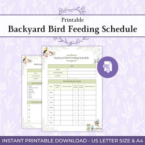 Puede incluir: Un documento imprimible de horario de alimentación para aves de jardín con una tabla para registrar horas de comida, alimento proporcionado y observaciones. La página incluye secciones para nombre, semana y ubicación, decorada con aves.