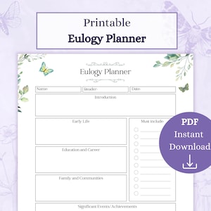 Eulogy Planner Printable PDF | Simply Eulogy Planner | Eulogy Organizer | Celebration of Life