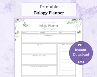 Eulogy Planner Printable PDF | Simply Eulogy Planner | Eulogy Organizer | Celebration of Life