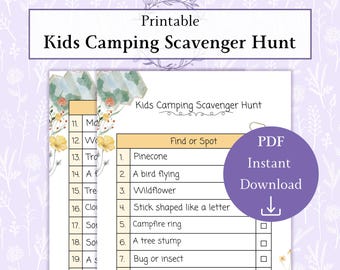 Kids Camping Scavenger Hunt Printable PDF, Camping Printable For Kids, Outdoor Scavenger Hunt, Nature Scavenger Hunt