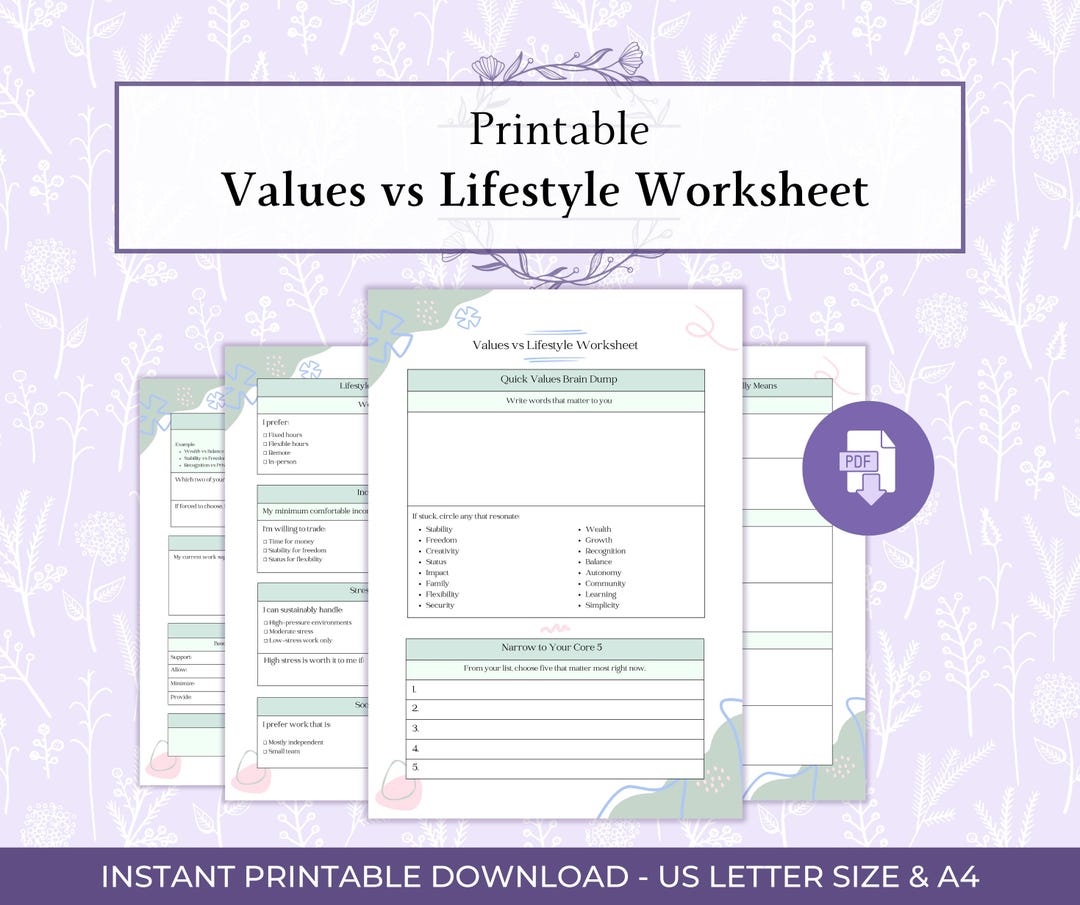 Values Vs Lifestyle Worksheet Printable PDF, Career Clarity & Life ...