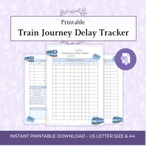 以下が含まれることがあります： 電車の遅延を記録するための印刷可能なTrain Journey Delay Trackerドキュメント。青い電車とチケットのイラストが描かれており、日付、乗車区間、遅延情報を記入するためのグリッドとヘッダーが含まれています。