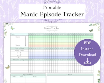 Utskrivbar PDF för maniska episoder | Bipolär sjukdomsspårare | Symtomjournal | Humörspårare | Manispårare
