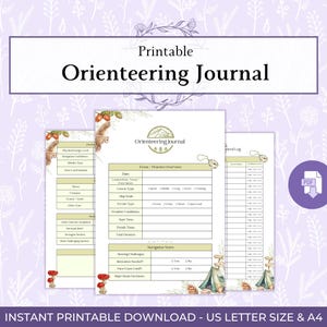 Puede incluir: Diario de orientación imprimible con un diseño floral. El diario incluye páginas para la descripción general del evento, notas de navegación y un registro personal. También es visible el texto "Instant Printable Download - US Letter Size & A4".
