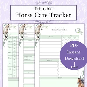 Op de afbeelding: Een printbare paardenverzorgingstracker met een checklist voor dagelijkse en wekelijkse taken. De tracker bevat secties voor paardeninformatie, noodcontacten en notities. Het ontwerp bevat aquarel illustraties van paarden en groen.