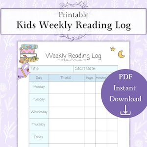 Kids Weekly Reading Log Printable PDF, Children’s Reading Tracker, Weekly Book Log, Homeschool Reading, Student Reading Journal