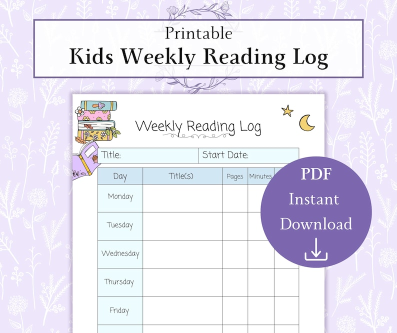 Kids Weekly Reading Log Printable PDF, Children’s Reading Tracker ...