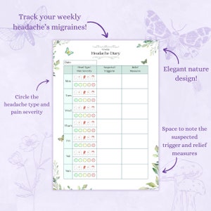 May include: A printable weekly headache diary with a nature-inspired design. The diary includes sections for tracking headache type, pain severity, suspected triggers, and relief measures. The design features butterflies, mushrooms, and floral elements.
