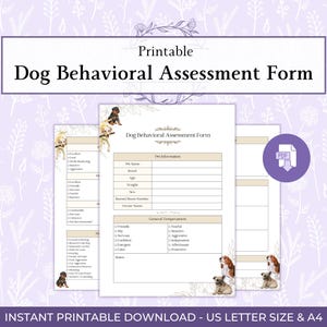 Può includere: Modulo stampabile di valutazione comportamentale del cane. Il modulo include sezioni per le informazioni sull'animale domestico e la valutazione generale del temperamento. Il design presenta elementi floreali decorativi e illustrazioni di cani. Il download PDF è disponibile in formato US Letter e A4.