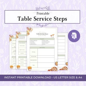 May include: A printable Table Service Steps document featuring sections for pre-service and guest greeting tasks. The white page includes light green headers, small food illustrations, and the text "Printable Table Service Steps" and "Instant Printable Download - US Letter Size & A4".