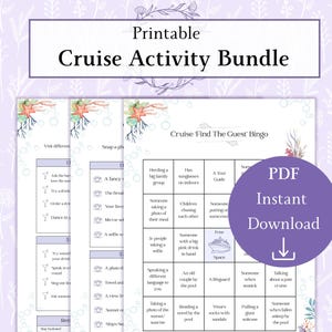 Puede incluir: Un paquete de actividades de crucero imprimible con una tarjeta de bingo que dice "Cruise Find The Guest Bingo". La tarjeta de bingo tiene casillas con actividades como "Herding a big family group", "Has sunglasses on indoors", "A Tour Guide", "Someone taking a photo of their meal", "Children chasing each other", "Someone putting on sunscreen", "3+ people taking a selfie", "Someone with a big pink drink in hand", "Free Space", "Speaking a different language to you", "An old couple by the pool", "A lifeguard", "Someone who's seasick", "Talking about a past cruise", "Taking a photo of the sunrise", "Reading a novel by the pool", "Wears socks with sandals", "Pulling a floof from a suitcase", "Someone who's fallen asleep by the pool".