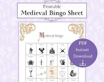 Middeleeuws bingoblad afdrukbare pdf, renaissance eerlijk spel, historisch feestspel, middeleeuws feest afdrukbaar, geschiedenisspel in de klas