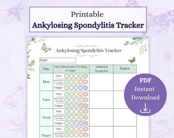 May include: Printable Ankylosing Spondylitis Tracker. A printable tracker with a floral design and butterflies. The tracker has columns for date, day, pain, inflammation, swelling, fatigue, additional symptoms, and notes. There are circles to mark the severity of symptoms.