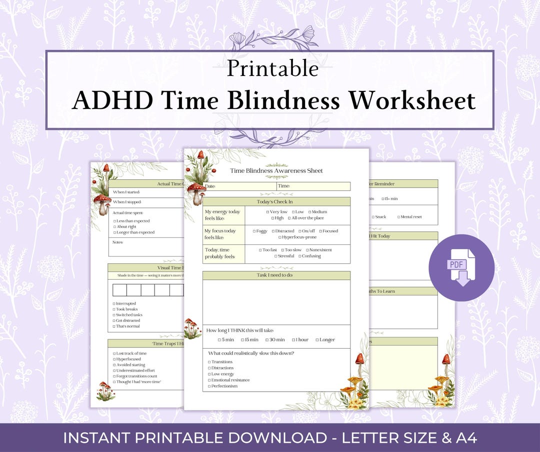 ADHD Time Blindness Worksheet Printable PDF, Time Awareness Sheet for ...