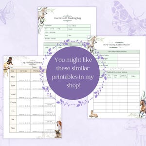 May include: A collection of printable planner pages with watercolor illustrations of horses and dogs. The pages include a foal growth tracking log, a dog feeding schedule, and a horse grazing rotation planner. The text "You might like these similar printables in my shop!" is also visible.