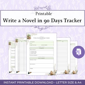 Könnte beinhalten: Druckbarer "Write a Novel in 90 Days Tracker" mit floralem Design. Der Tracker enthält Abschnitte für Schreibtitel, Genre, Wortanzahl und tägliche Schreibziele. Enthält ein PDF-Symbol.