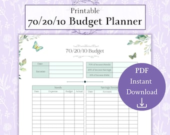 May include: Printable 70/20/10 Budget Planner with a watercolor floral design. The planner includes sections for income, needs, savings, and investments. The text "PDF Instant Download" is in a purple circle with a download arrow.