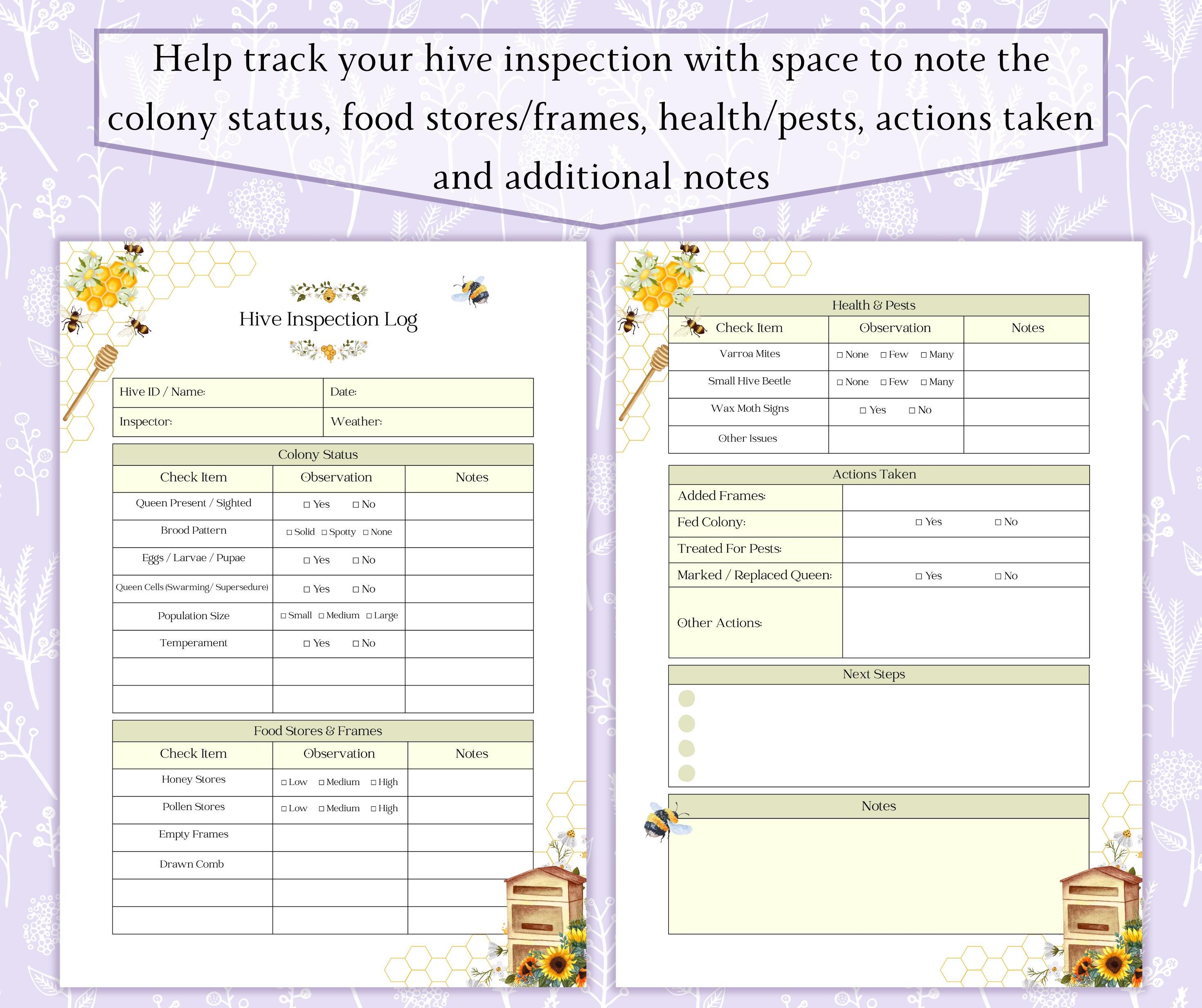 Hive Inspection Log Printable PDF, Bee Hive Inspection Sheet ...