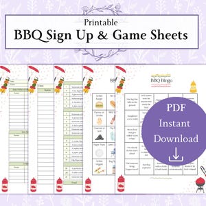 Puede incluir: Hojas imprimibles de inscripción y juegos de barbacoa. La imagen muestra varias hojas con juegos y formularios de inscripción con temática de barbacoa. Las hojas incluyen un juego de bingo de barbacoa y formularios para nombres y fechas. La imagen tiene un fondo floral púrpura.