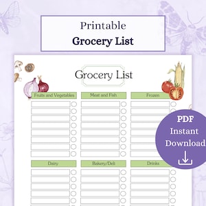 Puede incluir: Lista de la compra imprimible con casillas de verificación y categorías para frutas y verduras, carne y pescado, congelados, lácteos, panadería/charcutería y bebidas. La lista está decorada con ilustraciones de cebollas, champiñones, maíz y tomates.