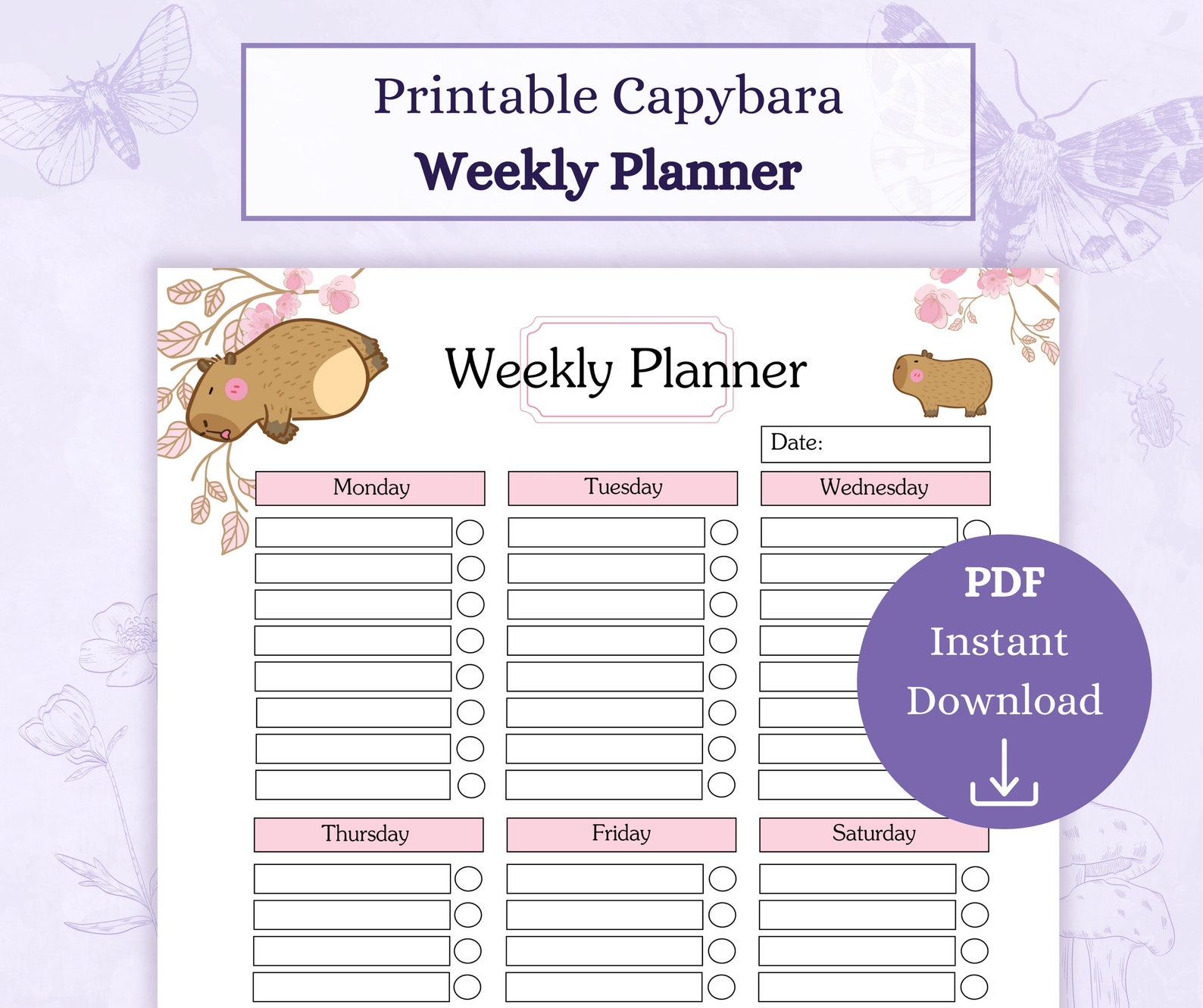 Capybara Weekly Planner Printable PDF | Illustrated Weekly Planner ...