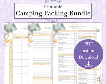 Camping Packing Planner Bundle Printable PDF | Camping Grocery List | Camping Packing List | Camping Meal Plan