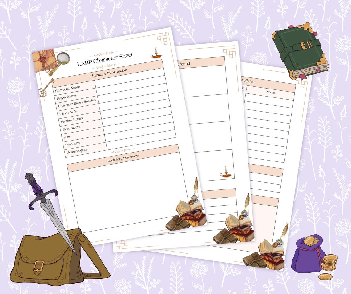 LARP Character Sheet Printable PDF, Fantasy Roleplay Character Tracker ...