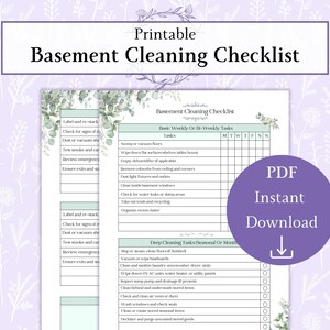 May include: Printable basement cleaning checklist with a floral border. The checklist includes basic weekly and bi-weekly tasks, as well as deep cleaning tasks. A purple circle with "PDF Instant Download" text and a downward arrow is on the right.