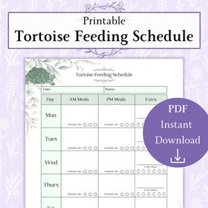 Puede incluir: Un horario de alimentación de tortugas imprimible con un diseño verde y blanco. El horario incluye secciones para las comidas AM, las comidas PM y notas adicionales. Un círculo púrpura con el texto "PDF Descarga instantánea" y una flecha hacia abajo está a la derecha.