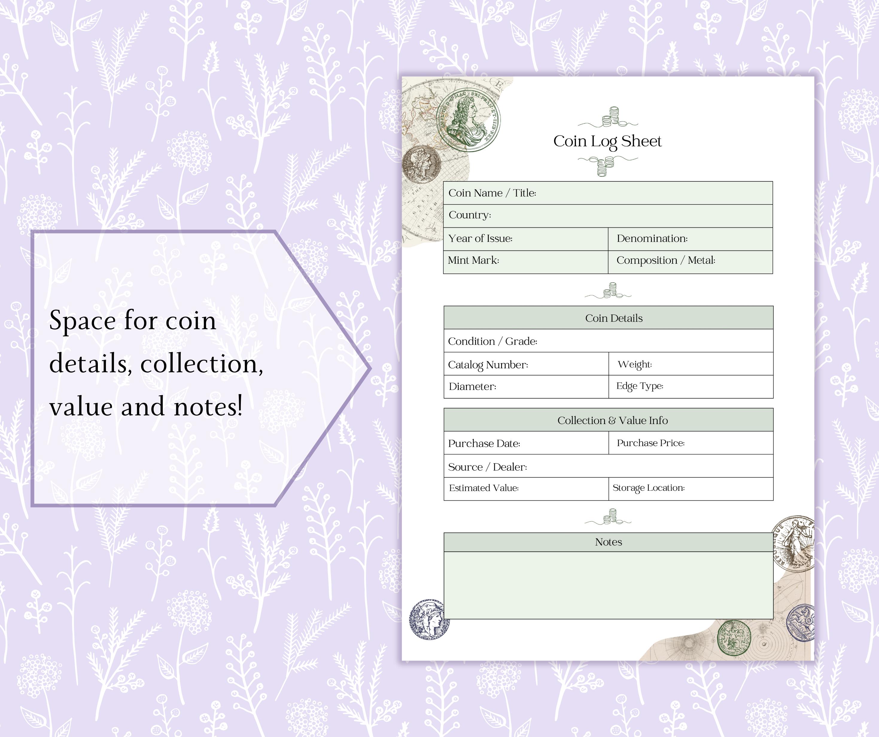 Coin Order Sheet Coin Log Sheet Printable PDF, Coin Inventory Logbook, Coin Collection ...