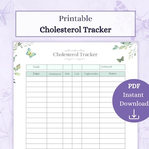 Könnte beinhalten: Druckbarer Cholesterin-Tracker mit floralem Design. Der Tracker hat Spalten für Datum, Cholesterin, HDL, LDL, Triglyceride und Notizen. Der Text "PDF Sofort-Download" befindet sich in einem violetten Kreis mit einem Download-Pfeil.