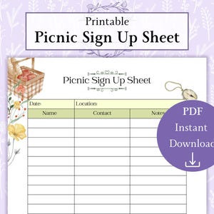 Può includere: Foglio di iscrizione per un picnic stampabile con un cesto di frutta e una bussola. Il foglio ha colonne per la data, la posizione, il nome, il contatto e le note.