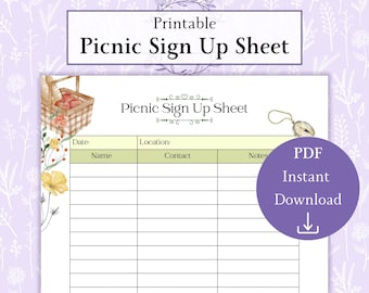 May include: Printable picnic sign up sheet with a basket of fruit and a compass. The sheet has columns for date, location, name, contact, and notes.