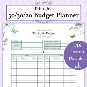 50/30/20 Budget Planner Printable PDF | 503020 Budget | Personal Finance | Financial Planner | Savings Deposit Tracker
