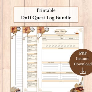 May include: Printable Dungeons and Dragons quest log bundle with a vintage aesthetic. The bundle includes a quest planner and multiple quest log pages. The pages feature a decorative border with a compass, key, and a magnifying glass. The quest planner has sections for quest details, urgency, overview, character secrets, associated locations, and notes.