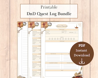 May include: A printable DnD Quest Log Bundle featuring multiple pages with a Quest Planner layout. The sheets include sections for quest details, story hooks, urgency levels with dice icons, clues, secrets, locations, and NPCs, decorated with illustrations of a magnifying glass, a key, a candle, and books.